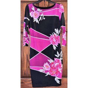 CACHE Sheath Dress Black Pink Peony Floral Print Silver Bodycon Size 4 NWT